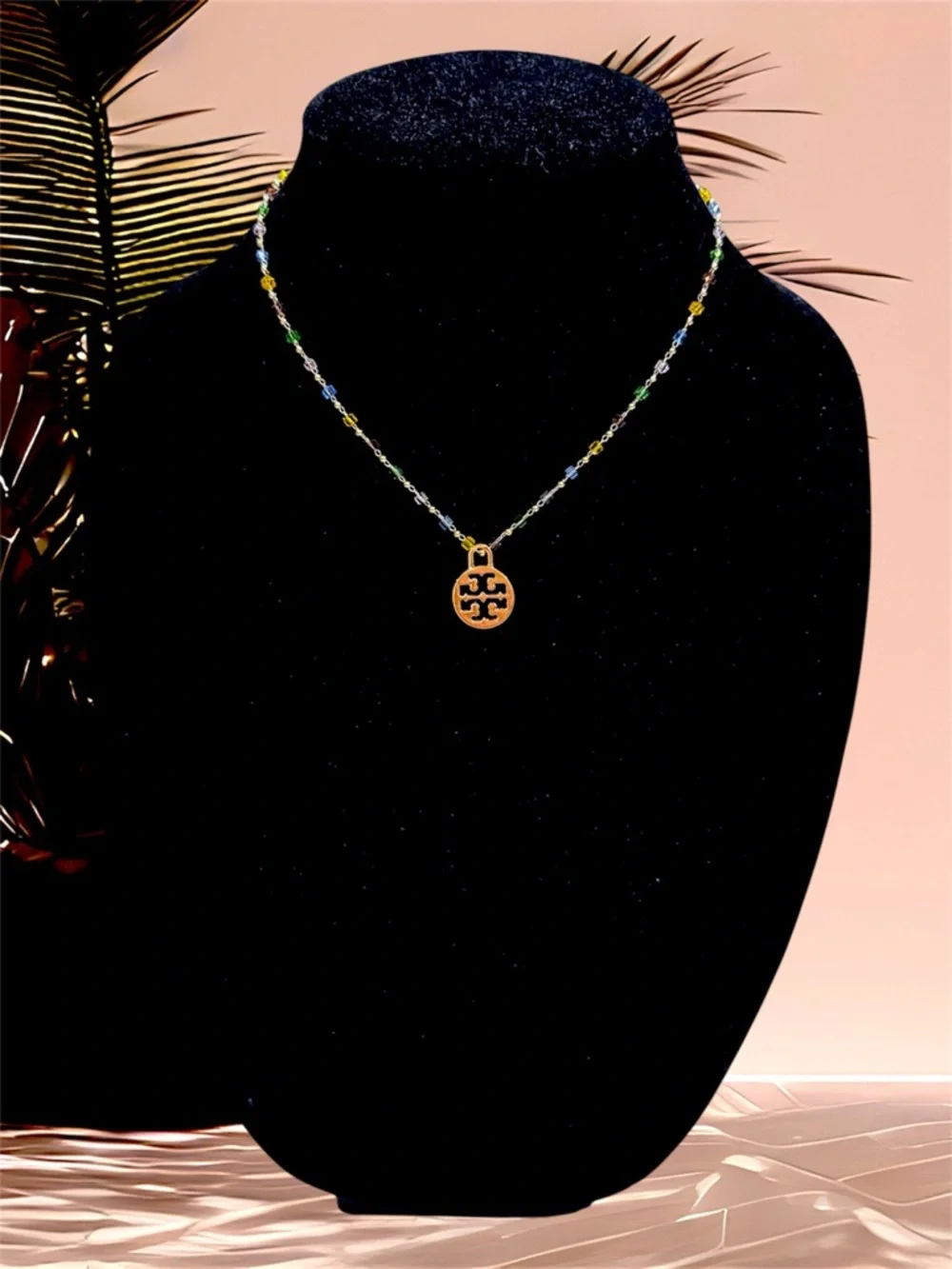 TORY BURCH GOLD LOGO PENDANT IN A DAINTY COLORFUL CHAIN